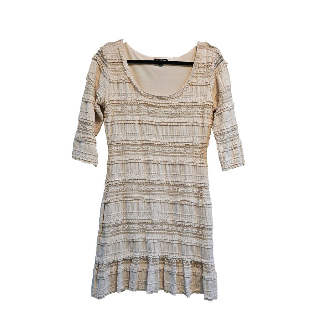 Max Edition Short Beige/Cream Lace Dress Sz PM 3/4 Sleeve Fairy Y2K Boho VTG